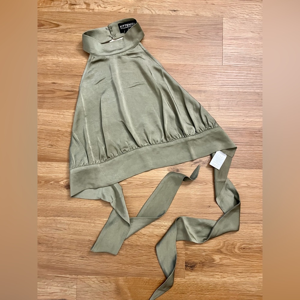 Kittenish Olive Green Halter Top with Tie Back | Size XL